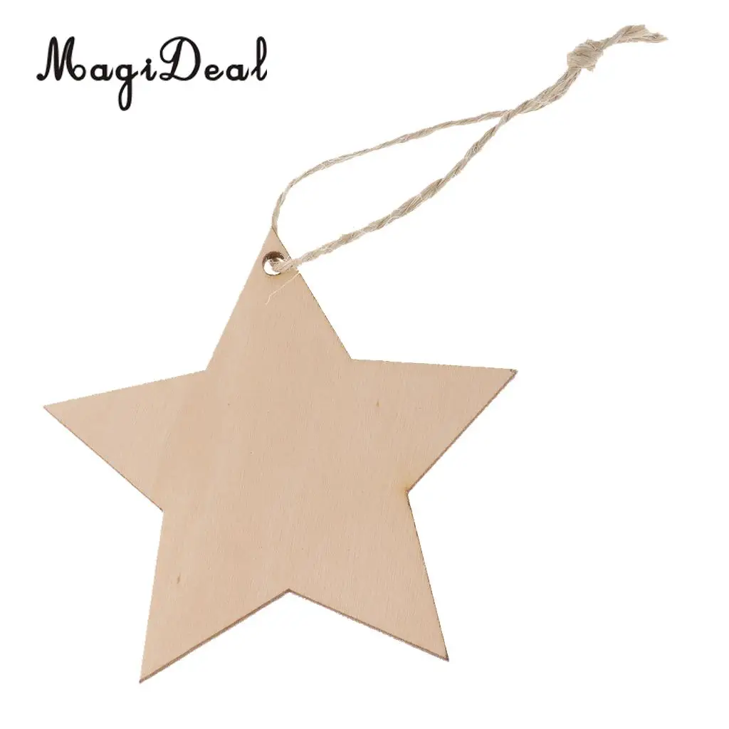 MagiDeal Unfinished 10Pcs Wood Five Pointed Star Shapes Tags Craft Embellishment & Twine DIY for Decoupage Print Paint Project
