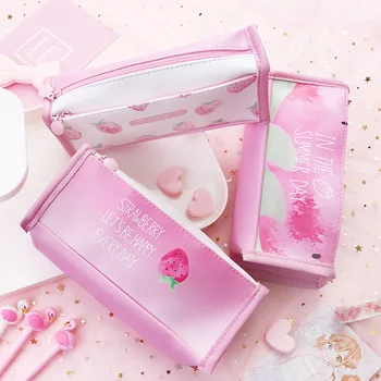 

"Summer Day ver.2" Cute Faux Leather Stationery Bag Pencil Case Bag Big Pocket Zip Around Kawaii Gift