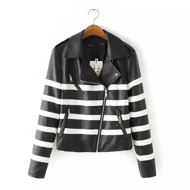 Women Black And White Striped Leather 