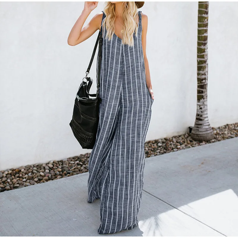 Oversized Women's Striped Cotton Loose Jumpsuit OL Work Wide Leg Sleeveless Romper Womens Plus Size Summer Casual Overalls