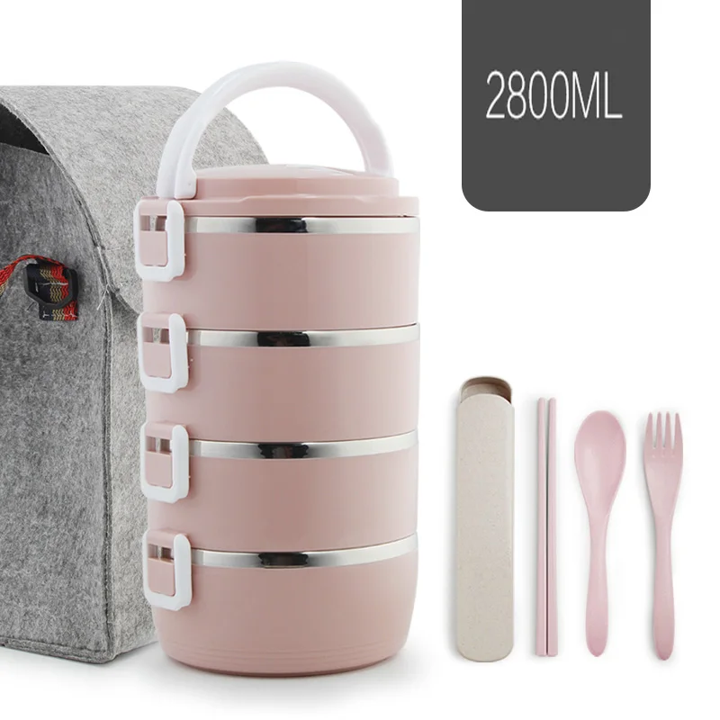 1-4-слойный большой контейнер для еды из нержавеющей стали для хранения, термос для детей, Ланч-бокс для взрослых, пластиковый Bento Boxs, герметичный набор посуды - Цвет: 4 layer Pink - bag