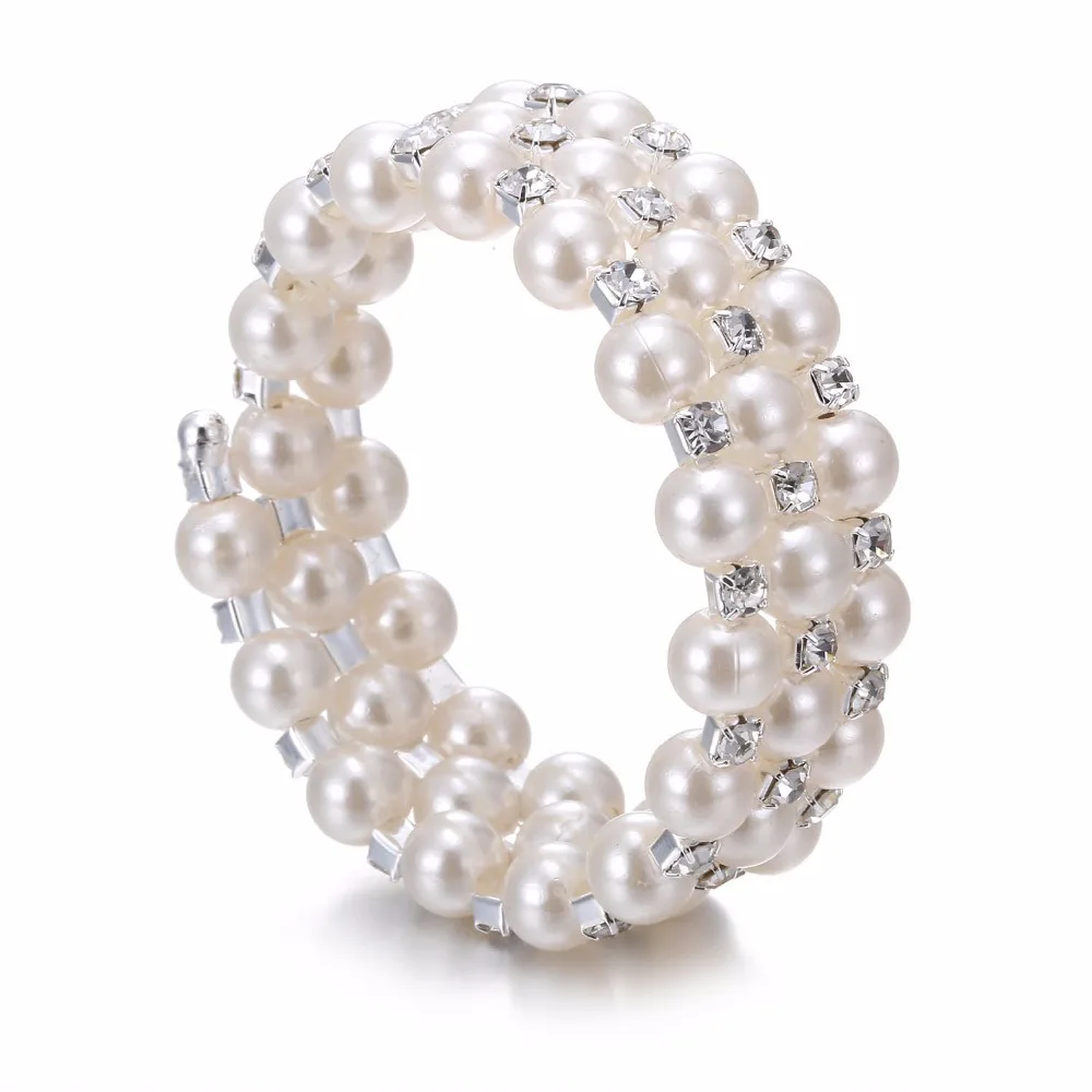 

Bohemian White Color Pearls Bracelet Multilayer Imitation Pearl and Rhinestone Stretch Bracelet Bangle Women Statement Jewelry