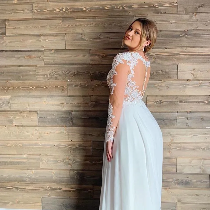 US $83.99 Plus Size Wedding Dress 2020 Long Sleeves Chiffon Appliques Beach Bridal Dress Long Sleeves Cheap High Quality Wedding Gowns