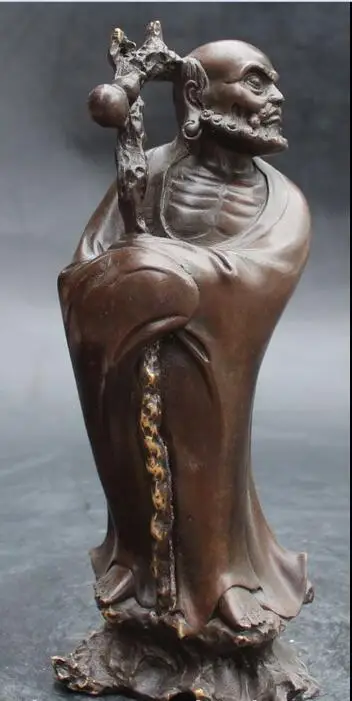 

free 11" Chinese Bronze Arhat Damo Bodhidharma Dharma Crutch Buddha Sculpture Statue fast