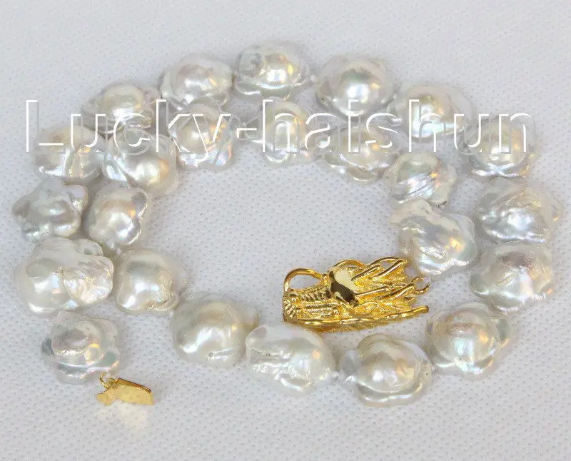 

18mmX19mm Baroque white Reborn Keshi pearls necklace dragon clasp> jewerly free shipping