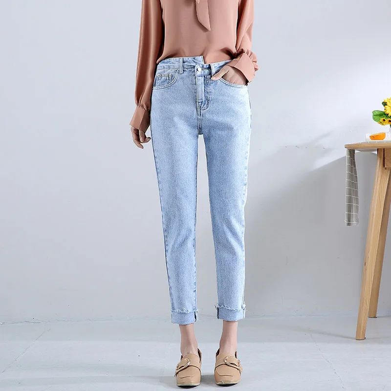 2018 Spring&Autumn Women's Soft Jeans Slim High Waisted Light Blue Irregular Pants Jeans Fashion