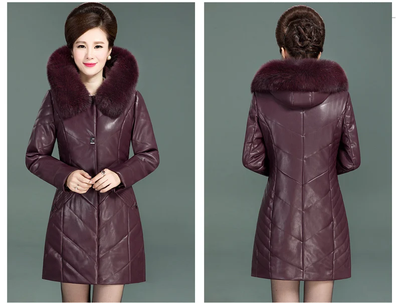 Зимняя куртка с меховым воротником, женское длинное пальто из искусственной кожи, толстая теплая парка среднего возраста для женщин размера плюс, Тонкая зимняя одежда, верхняя одежда Okd445
