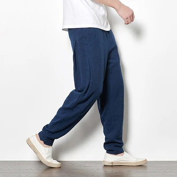 

2019 New Men Linen Harem Pants Plain Straight Trousers Sweatpants Tracksuits Drawstring Loose Size M-5XL