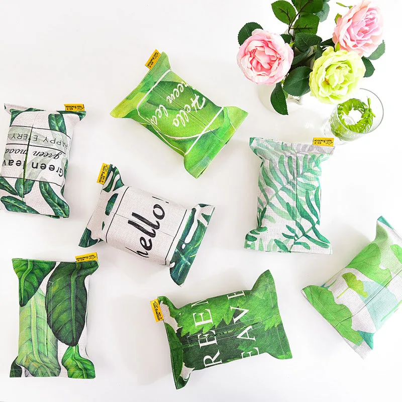 

Tropical Plant Tissue Box Cotton Linen Tissue Case Green Leaves Pattern Towel Napkin Paper Holder Cover Container Table Decor