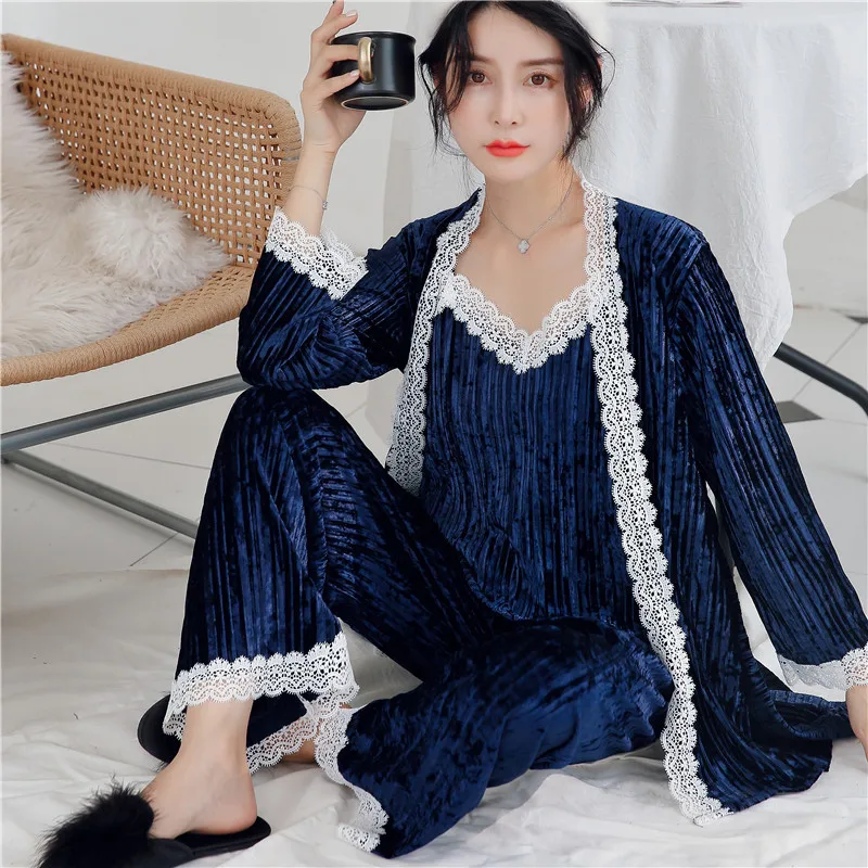 

Lady Lace Patchwork 3 PCS Pajamas Set Velvet Suspender Sleepwear Women Winter Thick Velour Kimono Bathrobe Gown Nightgown M-XL