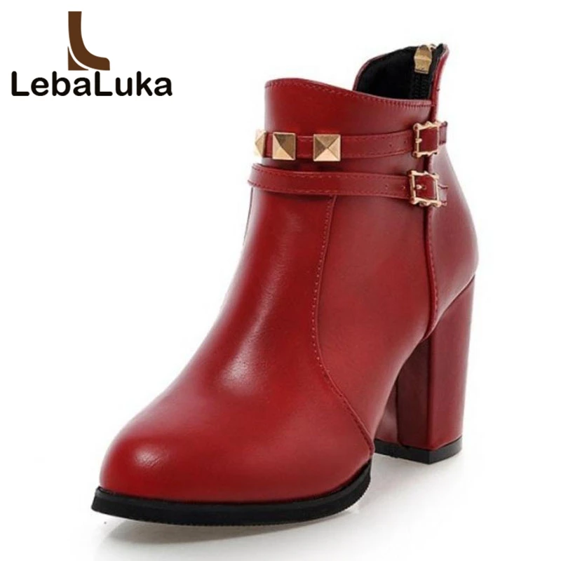 

AicciAizzi Plus Size 30-50 Women Ankle Boots Thick High Heels Winter Shoes Women Fashion Buckle Rivets Round Toe Short Boots