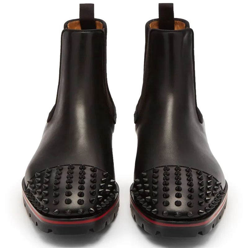 Qianruiti Fashion Men Chelsea Boots Ankle Spike Rivet Boots Elastic Band Round Toe Low-heeled Shoes EU39-EU46