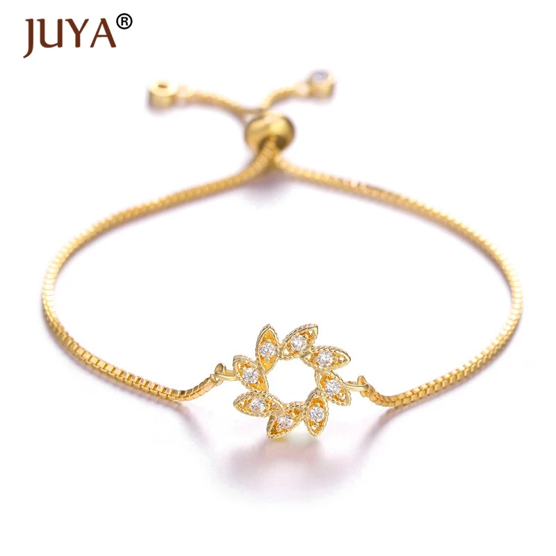 Juya Fashion Simple Adjustable Chain Copper Zircon Flower Charm Bracelets Bangles For Women Femme Gift armbandjes dames