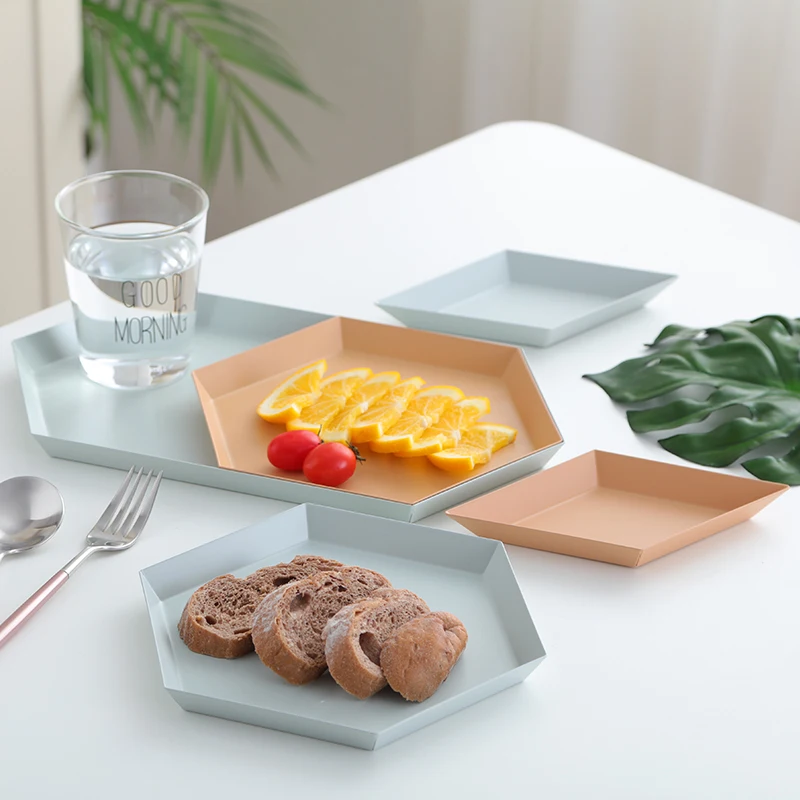 

Nordic Creative Polygon Desktop Storage Tray for Jewelry Cake Geometric Diamond Stainless Steel Hexagonal Tea Fruit Jewelry Tray