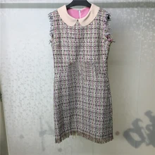 Autumn Winter Dress Women Vestidos Peter pan Collar Femme Dress Elegant Sleeveless Tweed Dress peter pan collar smock dress