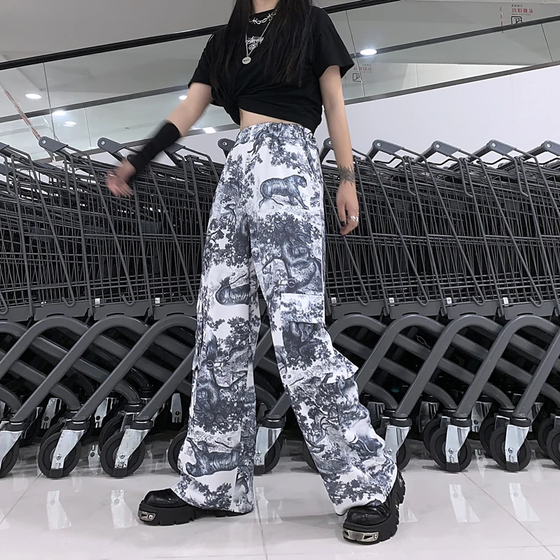 Neploe High Waist Straight Trousers Harajuku BF Style Hip-hop Leisure Pants New Women Men Digital Printed Long Pants 53634