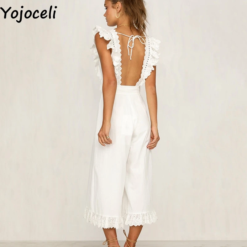 Yojoceli Sexy long white white jumpsuit romper Elegant party loose casual jumpsuit women Summer sleevelsss beach rompers