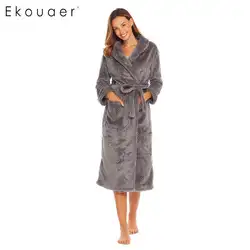 Ekouaer халат Для женщин зимние плюшевые флис халаты мягкий теплый воротник-шаль на шнуровке Обёрточная бумага невесты халат с поясом Femme