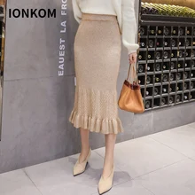 IONKOM элегантная Офисная Женская трикотажная юбка с оборкой по подолу рыбий хвост Эластичная Высокая талия миди юбка Женская осенне-зимняя повседневная юбка