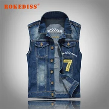 Men Letter Embroidery Male Jeans Waistcoat Hole Washed Cowboy Jeans Sleeveless M-5XL Denim Jeans Vest G299