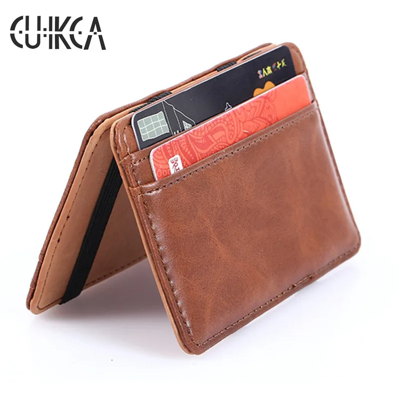 Cool Mens Faux Leather Money Clip Card Holder Slim Bifold Magic Wallet Brown