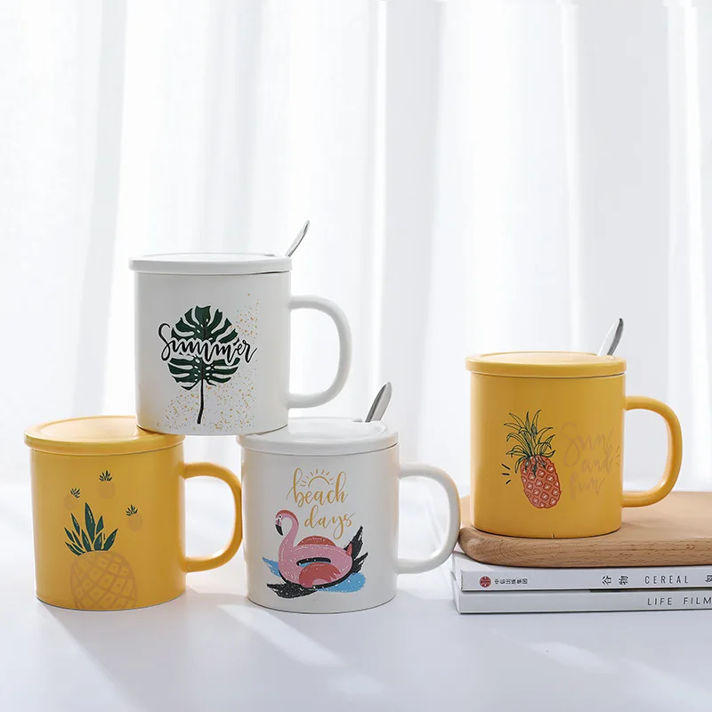 

2018 INS Hot Nordic Style Flamingo Pineapple Cup Coffee Mugs Matte Ceramic Tea Mug With Lid Spoon Tumbler Caneca Tazas Para Cafe