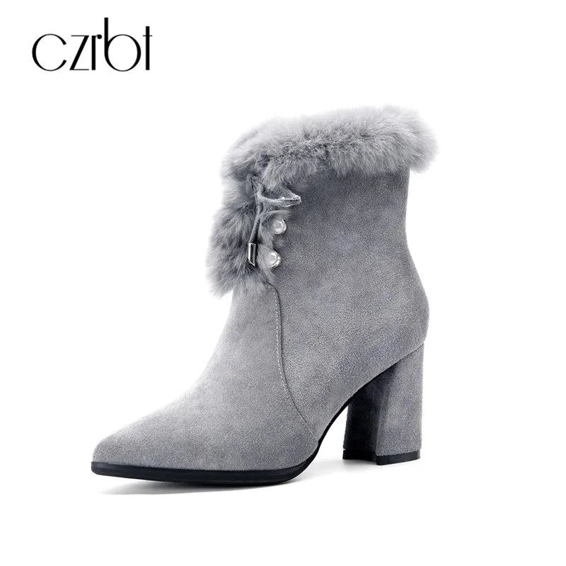 

CZRBT Genuine Leather Women Boots Winter High Quality High Heel Boots Rabbit Fur Thick Heel Zipper Ankle Boots Sexy High Heels