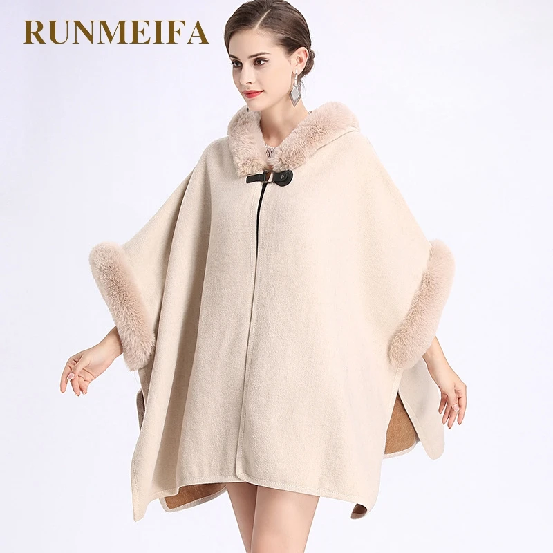 RUNMEIFA/ г. Модный осенне-зимний Кардиган с искусственным кроличьим мехом и воротником, плащ с капюшоном, шали, двойное пальто