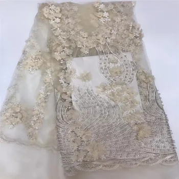 

Pretty African Wedding Dress Fashion 3d Flower French Gold Beaded Lace Fabric X517-5