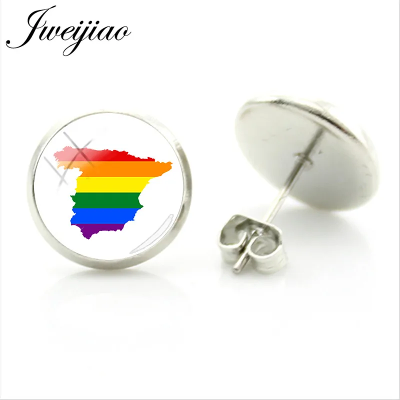 JWEIJIAO, радужные серьги-гвоздики LGBT, стеклянное изображение cabochon для женщин и мужчин, металлические серьги, ювелирное изделие, подарок BT08 - Окраска металла: BT04