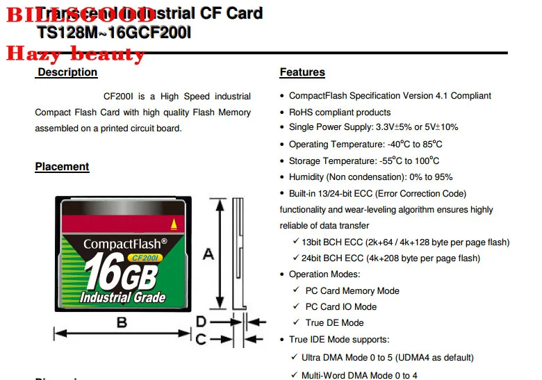 Карта BILLSGOOD TS4GCF200I Transcend Industrial wide temp CF 4G CF200I SLC 4GB cf