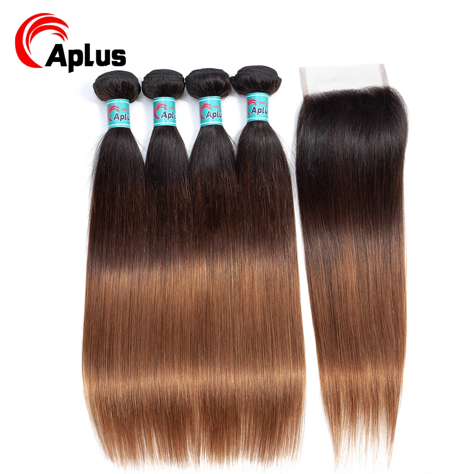 

Aplus Hair Ombre Straight Human Hair Bundles with Closure T1B/4/30 Colored Brazilian Hair Weave 4 Bundles with Closure Non Remy