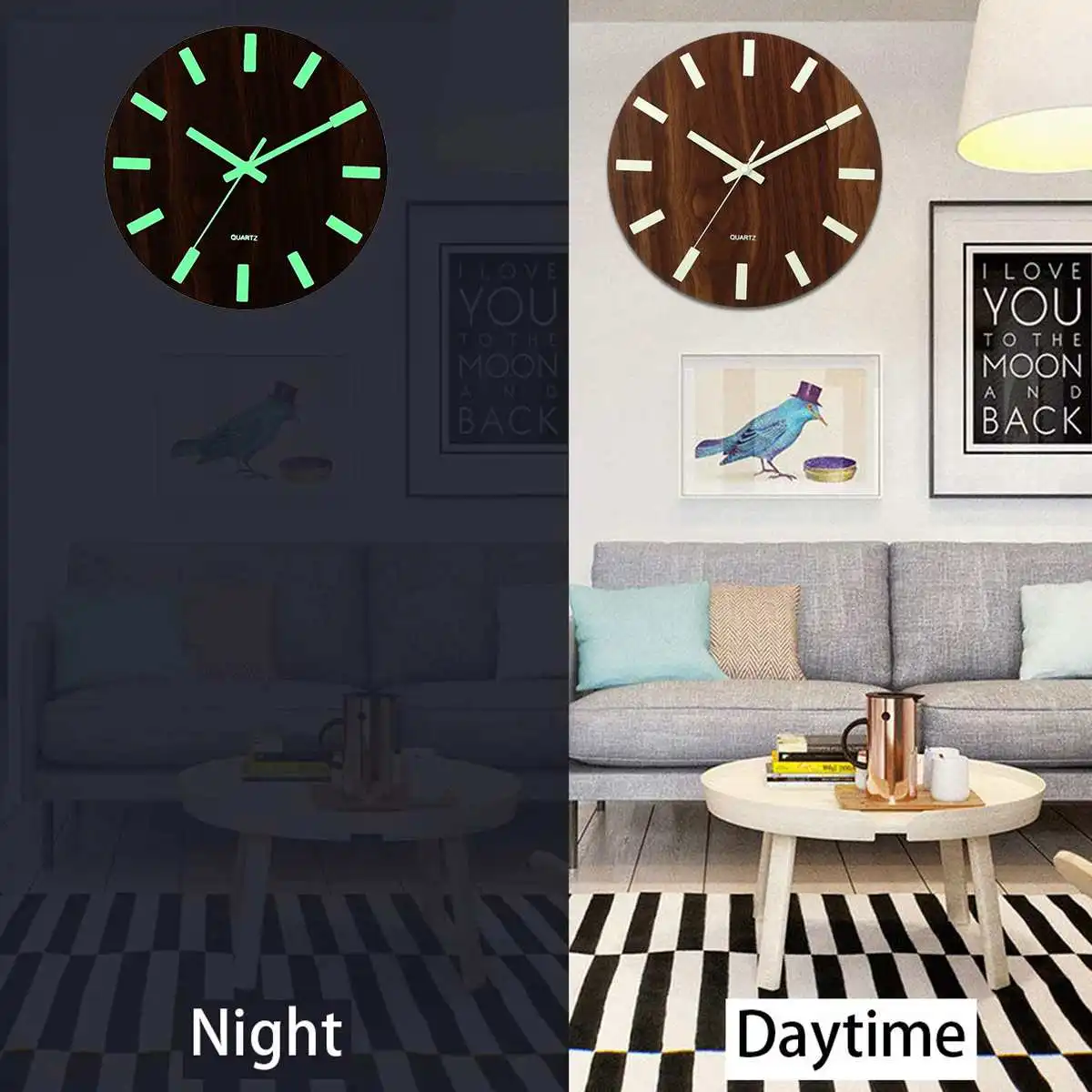 Горячие светящиеся настенные часы современный дизайн светящиеся в темноте декор из дерева кварцевые бесшумные 3D настенные Подвесные часы 12 дюймов для гостиной спальни