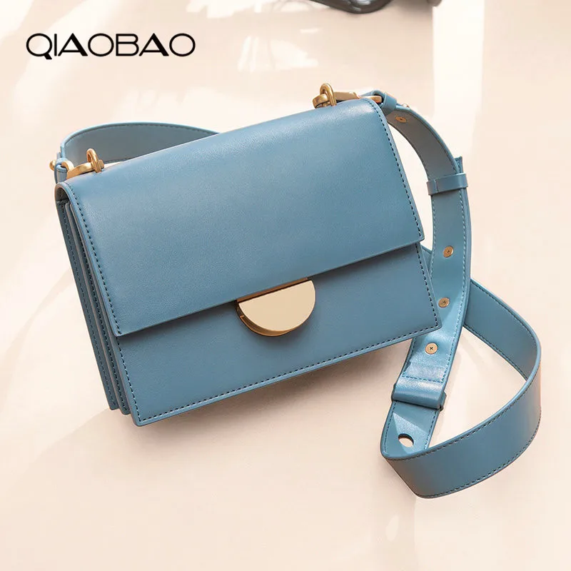 

QIAOBAO Women Lock Flap Bag 100% Genuine Leather Handbags Lady Messenger Bag For Female Bolsas