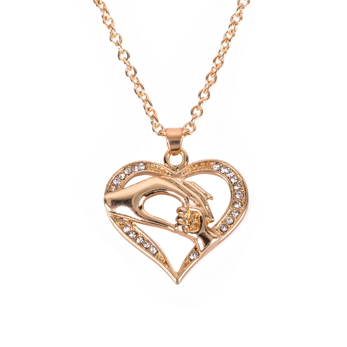 Mom Loves Baby Hand in Hand Heart Shape Charm Pendant Necklace Rose Gold Silver Link Chain Choker Women Mothers Day Gift Jewelry