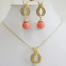 Высококачественные ювелирные изделия Благородство удача женский розовый коралловый кристалл кулон серьги кольцо ожерелье набор серебро-ювелирные изделия