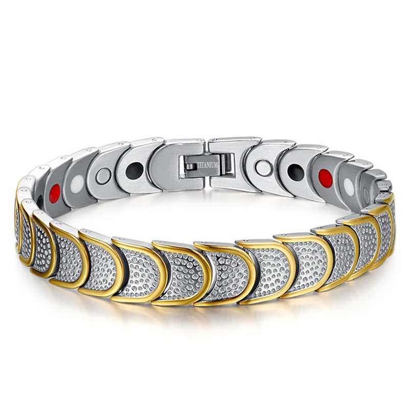 

Mens 4 in 1 Healthy Sports Bracelet Pure Titanium Magnet FIR Negative Ion Germanium Bangles Gold Color Water Drop Design TI001B