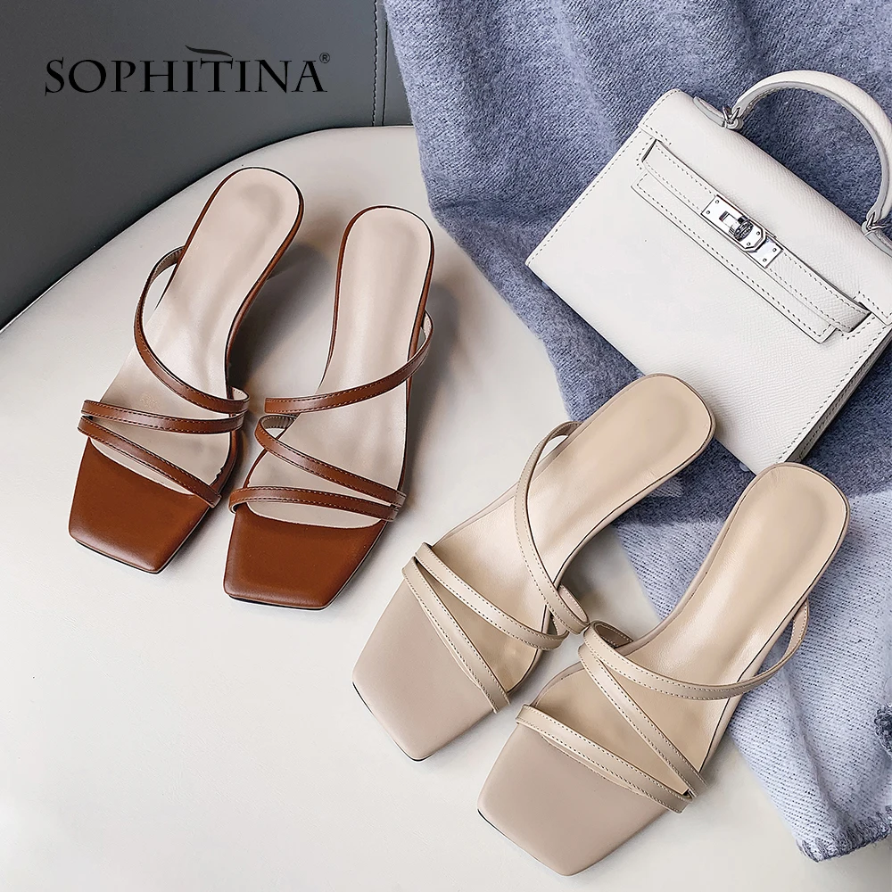 

SOPHITNA Design Woman Slippers Fashion Solid Cross-tied Square Toe Sexy Thin Heel Shoes High Quality Cow Leather Slippers MO176