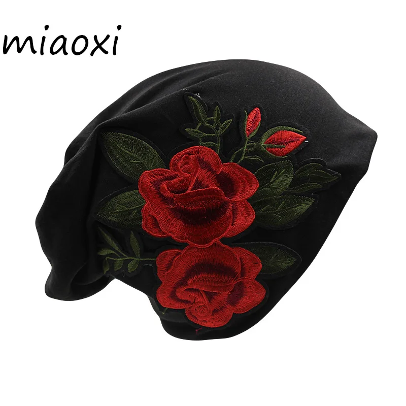 

[miaoxi] High Quality Women Two Rose Hat Fashion Floral Cap Caps For Girl Adult Casual Bonnet Black 5 Colors Cotton Beanies Sale