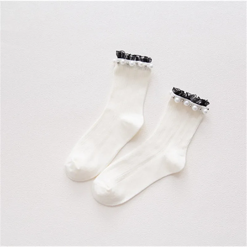Cotton Solid Color Pearl Lace Rib Simple Wild Series Women Loose Socks t