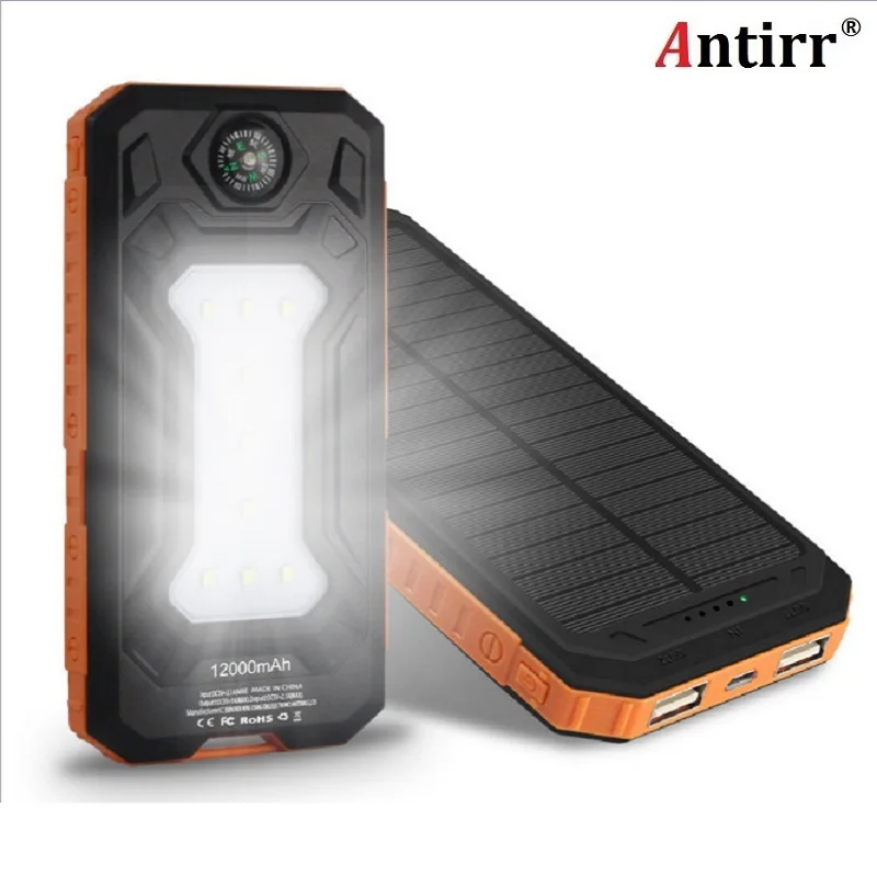 Goedkoop Universele Ultra Dunne 12000 mah Solar Portable Power Bank met LED Licht Externe Telefoon Batterij Opladen Met Kompas Powerbank