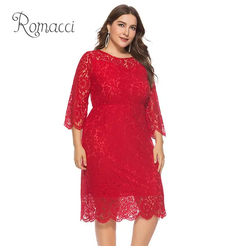 

Romacci Plus Size Dresses for Women 4xl 5xl 6xl Vintage O-Neck 3/4 Sleeve Lace Dress Hollow Out Elegant Party Midi Sexy Dress