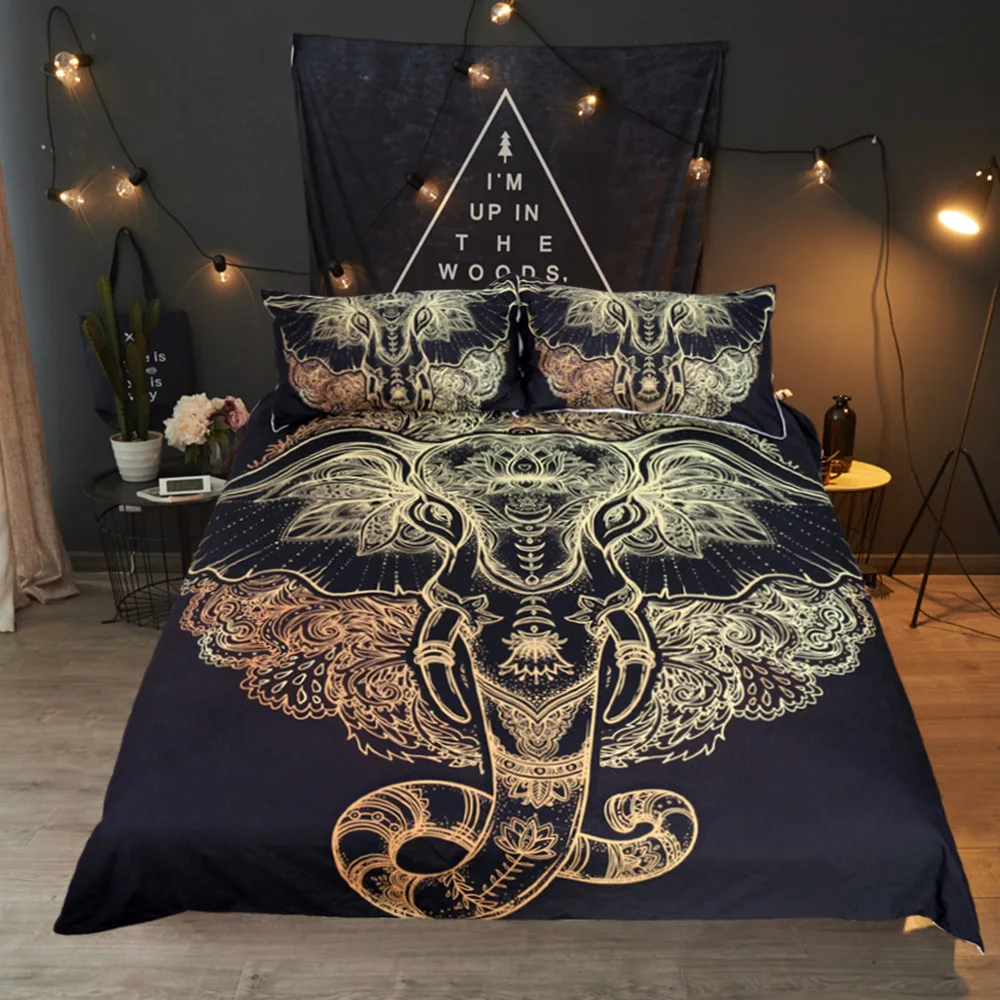 

Tribal Elephant Bedding Set Boho Mandala Golden Design Ethnic Indian God Ganesha Duvet Cover Indian Symbol Bed Set