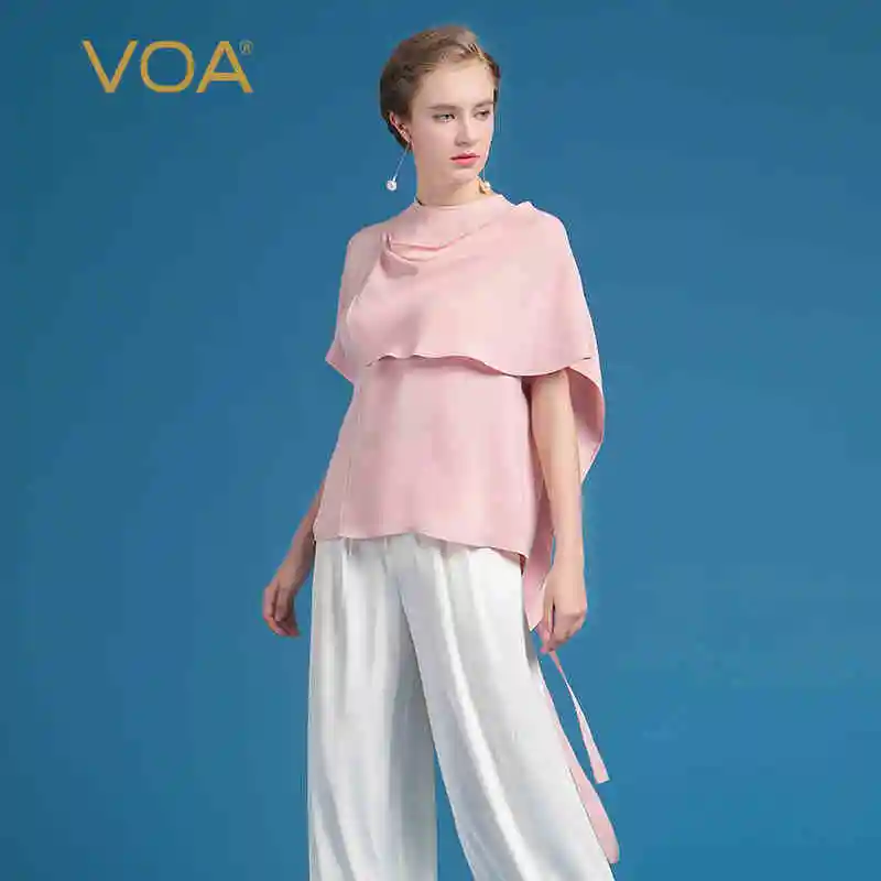 

VOA 2018 Summer Silk Elegant Pink Loose Plus Size T Shirt Fashion Cute Sweet Solid Pure Color Cloak Sleeve Women Tops BSH00201