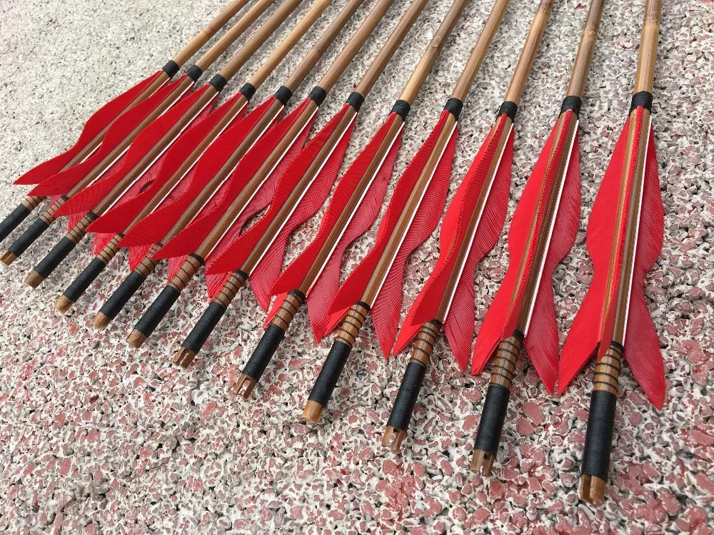 

12PCS Traditional Handmade Feat Red Hunting Bamboo Arrows Bow Archery