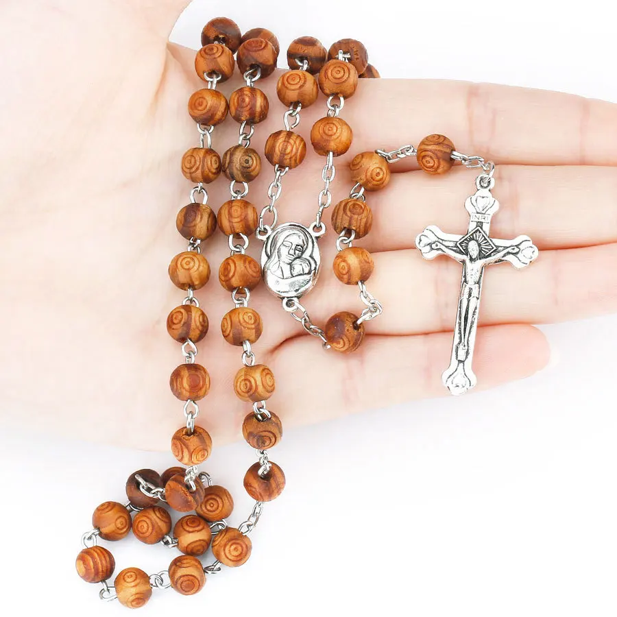 New Arrival Catholic Rosary Necklace Wooden Beads Jesus Cross Pendant Necklace Prayer Beaded
