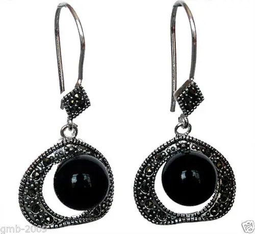 

Hot sell Noble- hot sell new - VINTAGE 925 STERLING SILVER 10MM NATURAL BLACK AGATE BEADS MARCASITE EARRINGS