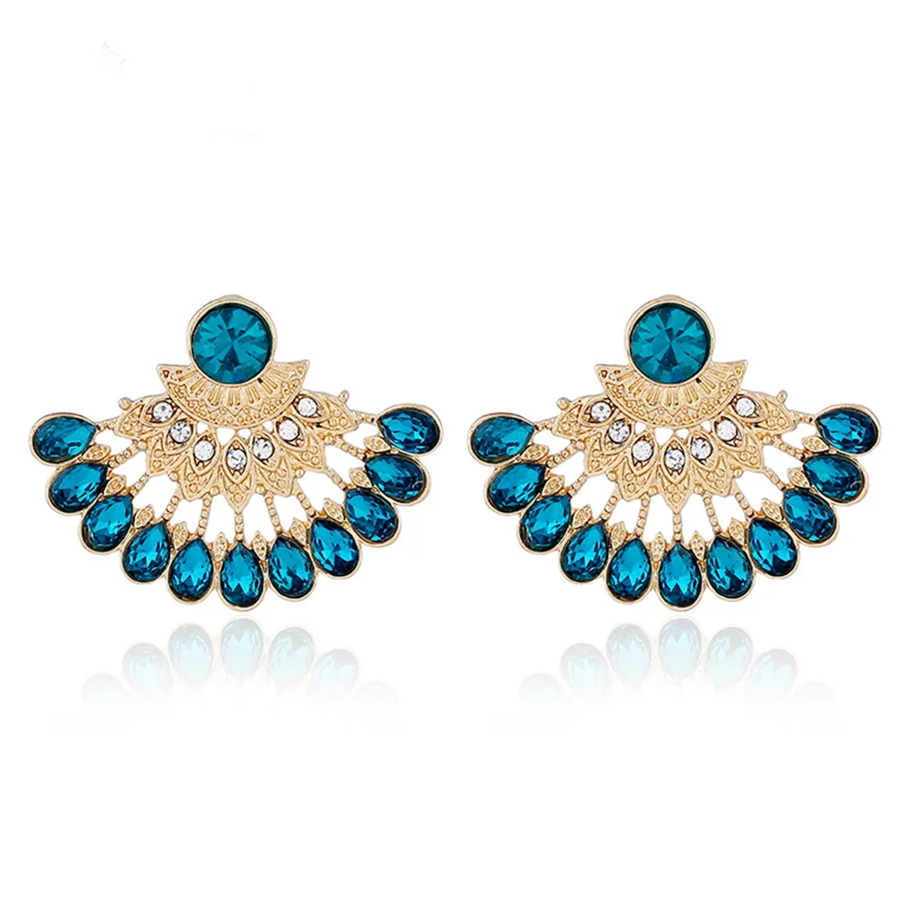 Blue Fan Shaped Stud Earrings Crystal Rhinestone Earrings Women Fashion