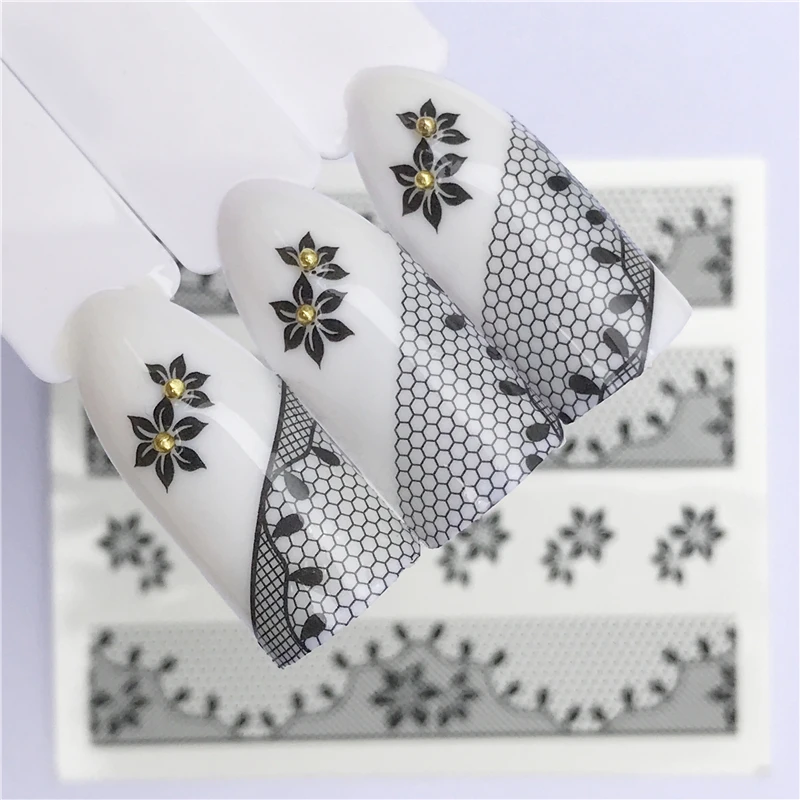 WUF ногти переводные наклейки для ногтей переводные наклейки черные кружевные цветы дизайн сделай сам Французский маникюр Фольга Штамп Инструменты