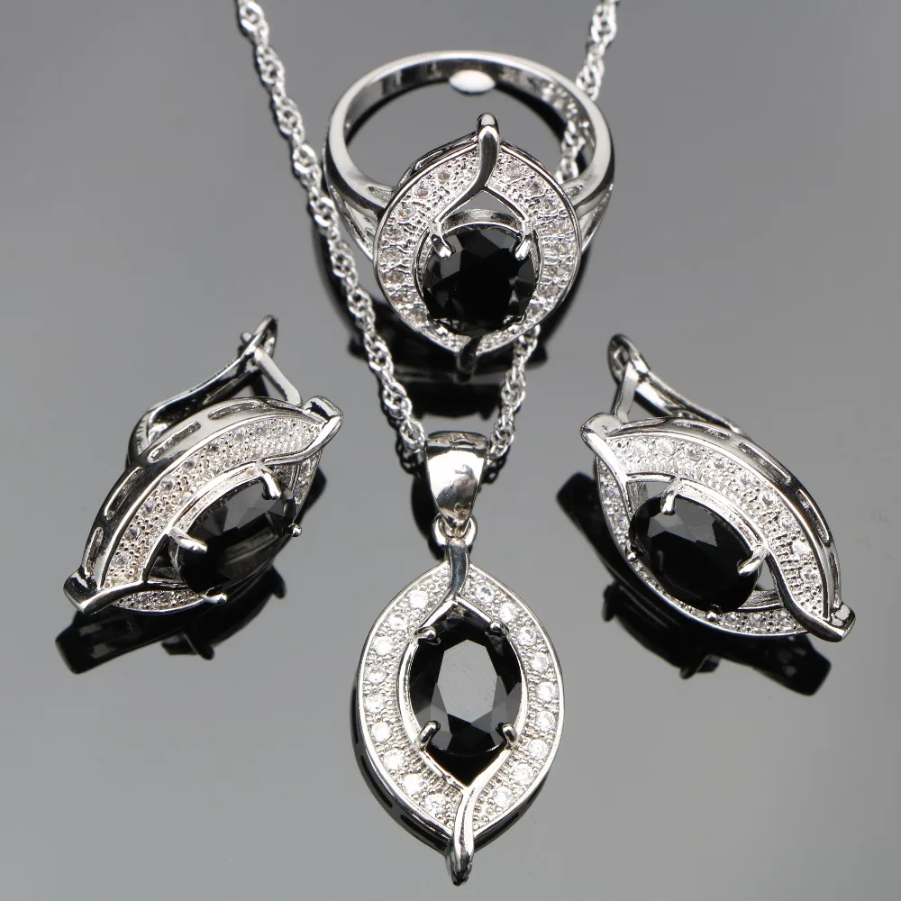 Черный Кубический Цирконий 925 пробы серебряные Ювелирные наборы костюм для женщин серьги с камнями кольца подвески и ожерелья набор подарочная коробка